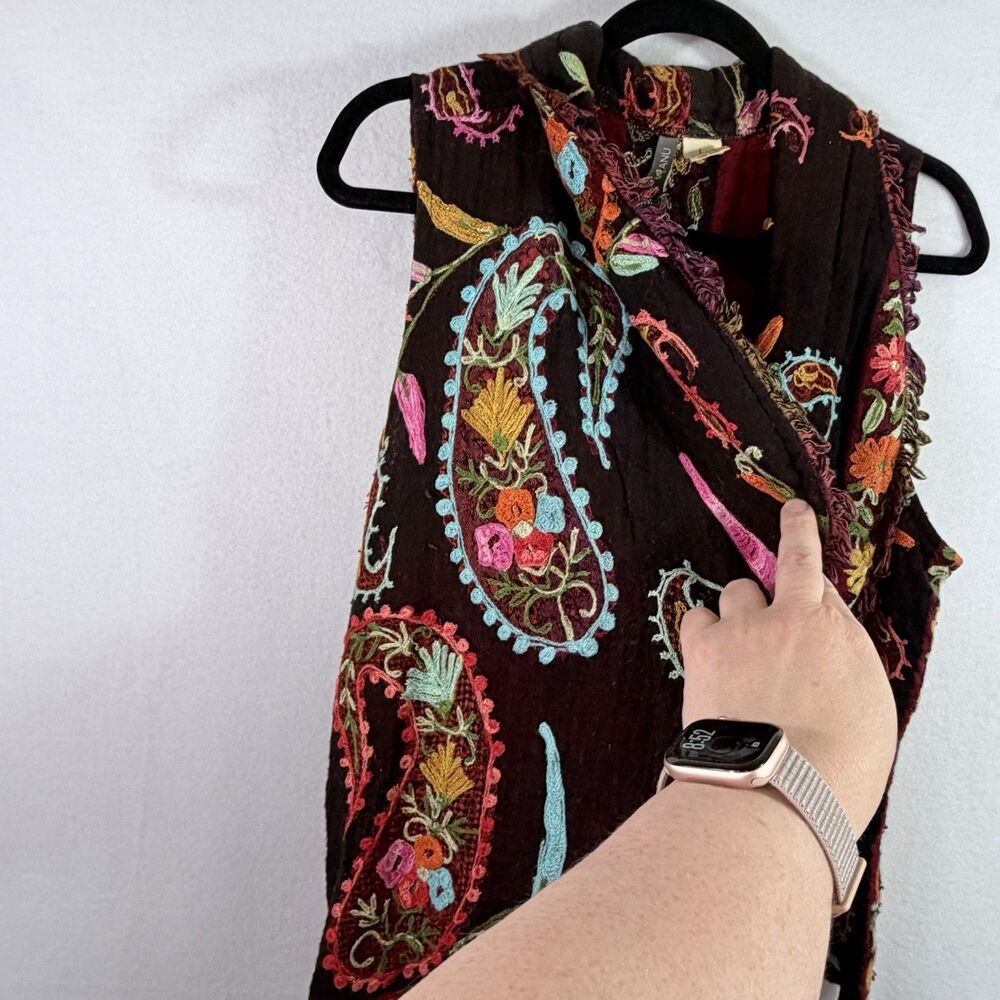 ANU 100% Wool Artsy Art to Wear Colorful Embroidered Boho Woven Vest Women's L - Picture 6 of 9